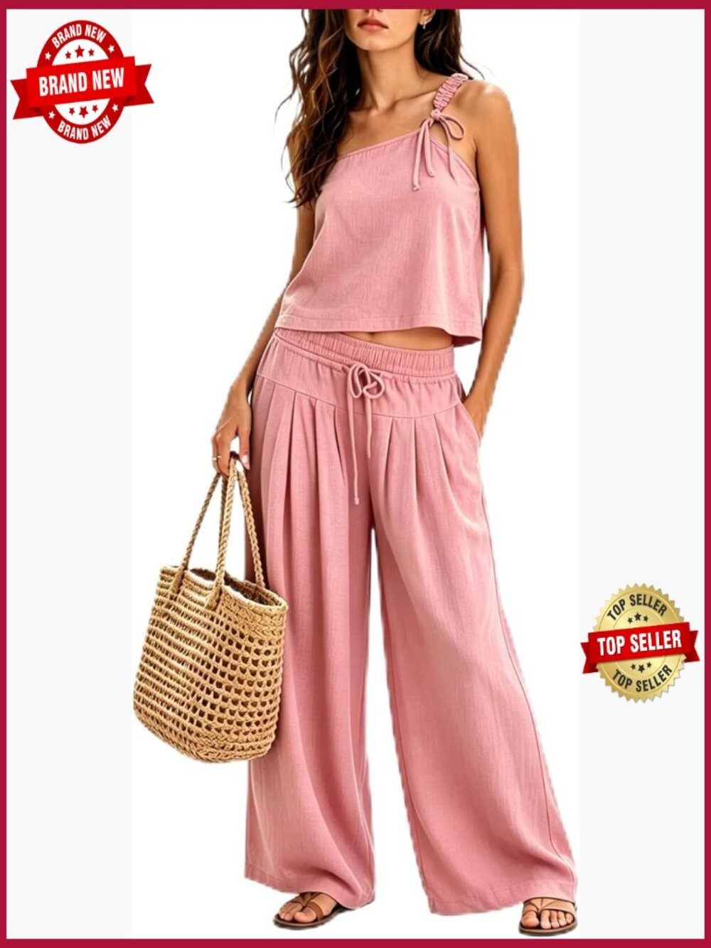 2 Piece Linen Wide Leg Pant Set with Pockets Summer